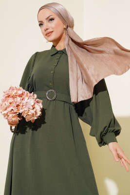 Balon Kol Gömlek Yaka Elbise Haki - Tesettür Elbise