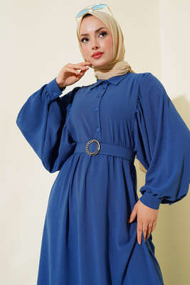 Balon Kol Gömlek Yaka Elbise İndigo - Tesettür Elbise