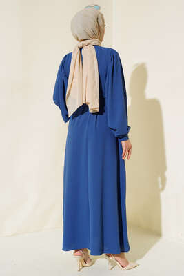 Balon Kol Gömlek Yaka Elbise İndigo - Tesettür Elbise