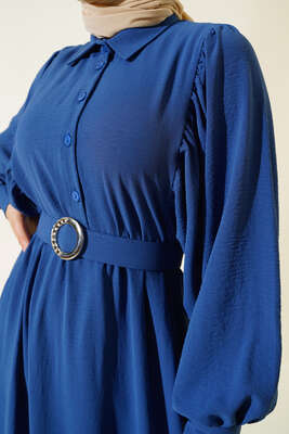 Balon Kol Gömlek Yaka Elbise İndigo - Tesettür Elbise