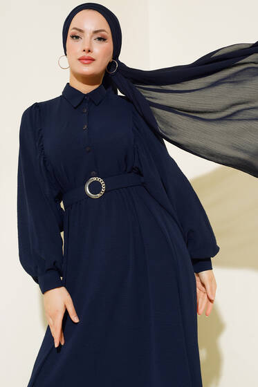 Balon Kol Gömlek Yaka Elbise Lacivert - Tesettür Elbise