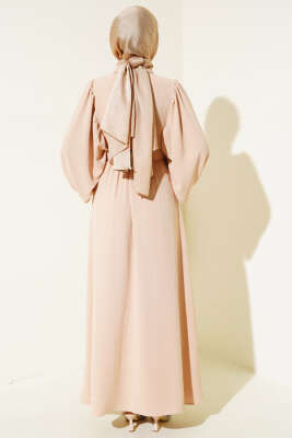 Balon Kol Gömlek Yaka Elbise Latte - Tesettür Elbise