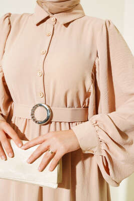 Balon Kol Gömlek Yaka Elbise Latte - Tesettür Elbise