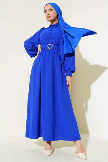 Balon Kol Gömlek Yaka Elbise Mavi - Elbise