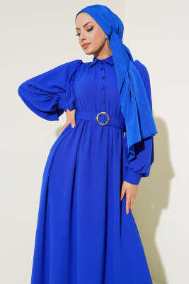 Balon Kol Gömlek Yaka Elbise Mavi - Tesettür Elbise