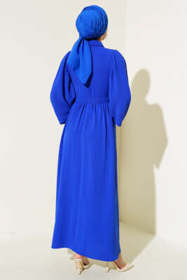 Balon Kol Gömlek Yaka Elbise Mavi - Tesettür Elbise