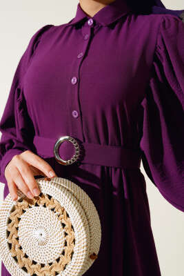 Balon Kol Gömlek Yaka Elbise Mor - Tesettür Elbise