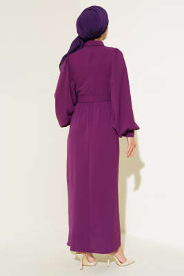 Balon Kol Gömlek Yaka Elbise Mor - Tesettür Elbise