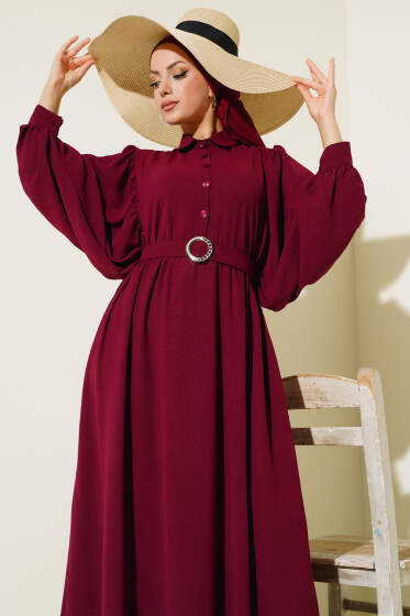 Balon Kol Gömlek Yaka Elbise Mürdüm - Elbise