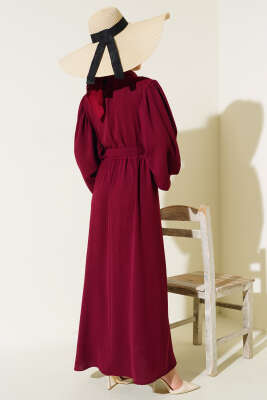 Balon Kol Gömlek Yaka Elbise Mürdüm - Tesettür Elbise