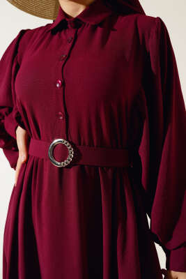 Balon Kol Gömlek Yaka Elbise Mürdüm - Tesettür Elbise