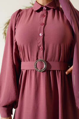 Balon Kol Gömlek Yaka Elbise Pudra - Tesettür Elbise