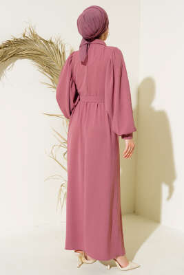 Balon Kol Gömlek Yaka Elbise Pudra - Tesettür Elbise