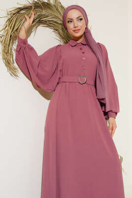 Balon Kol Gömlek Yaka Elbise Pudra - Tesettür Elbise