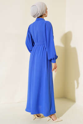 Balon Kol Gömlek Yaka Elbise Saks - Tesettür Elbise