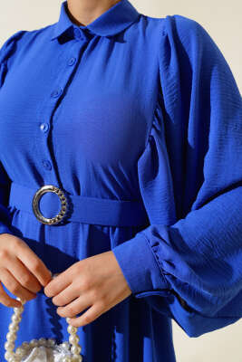 Balon Kol Gömlek Yaka Elbise Saks - Tesettür Elbise