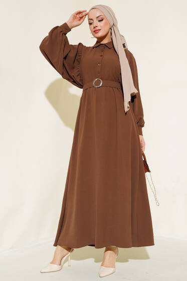 Balon Kol Gömlek Yaka Elbise Taba - Tesettür Elbise