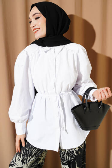 Balon Kol İp Detaylı Tunik Beyaz - Tunik