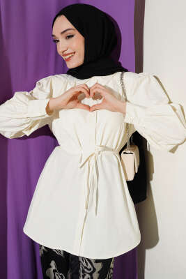 Balon Kol İp Detaylı Tunik Ekru - SAS