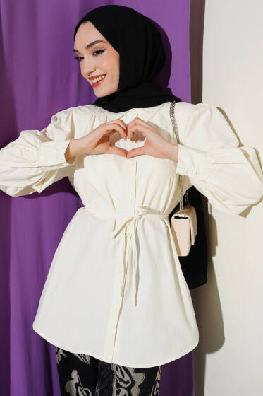 Balon Kol İp Detaylı Tunik Ekru - Tunik