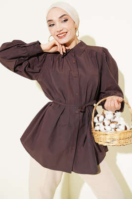 Balon Kol İp Detaylı Tunik Kahve 