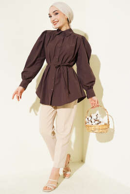 Balon Kol İp Detaylı Tunik Kahve - Tunik