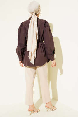 Balon Kol İp Detaylı Tunik Kahve - Tunik