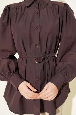 Balon Kol İp Detaylı Tunik Kahve - Tunik