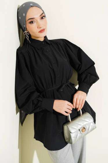 Balon Kol İp Detaylı Tunik Siyah - Tunik