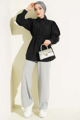 Balon Kol İp Detaylı Tunik Siyah - Tunik