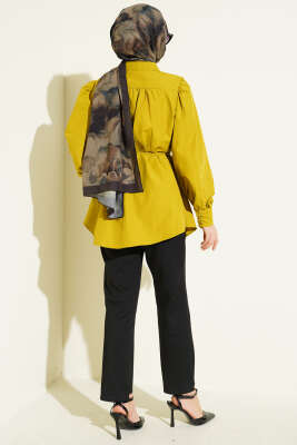 Balon Kol İp Detaylı Tunik Yağ Yeşili - Tunik