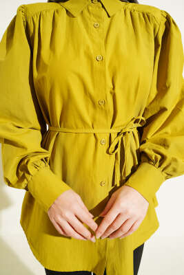 Balon Kol İp Detaylı Tunik Yağ Yeşili - Tunik