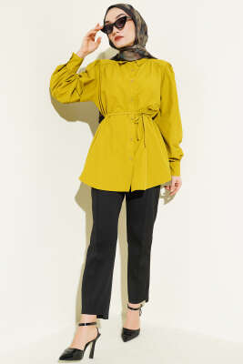 Balon Kol İp Detaylı Tunik Yağ Yeşili - Tunik