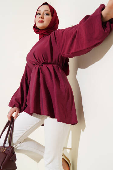 Balon Kol İp Kuşaklı Tunik Bordo - Tunik