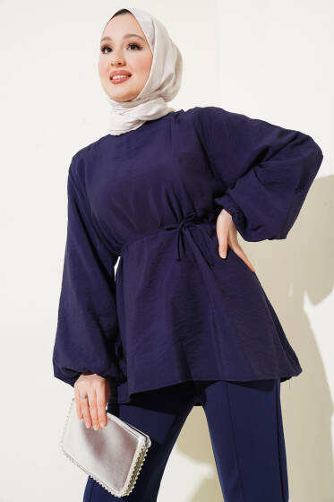 Balon Kol İp Kuşaklı Tunik Lacivert - Tunik