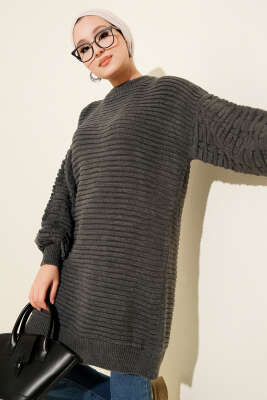 Balon Kol Kabartmalı Triko Tunik Füme - RAFİMİX