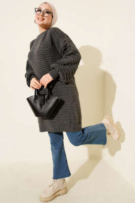 Balon Kol Kabartmalı Triko Tunik Füme - Tunik