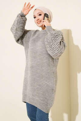 Balon Kol Kabartmalı Triko Tunik Gri - RAFİMİX