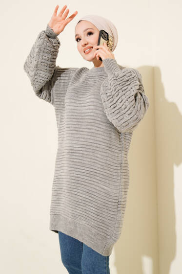 Balon Kol Kabartmalı Triko Tunik Gri - Tunik