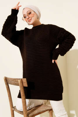 Balon Kol Kabartmalı Triko Tunik Kestane - RAFİMİX