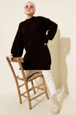 Balon Kol Kabartmalı Triko Tunik Kestane - Tunik