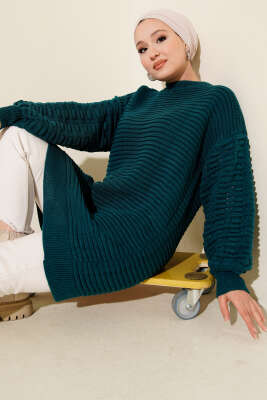 Balon Kol Kabartmalı Triko Tunik Petrol - RAFİMİX