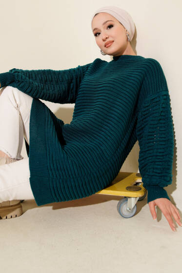 Balon Kol Kabartmalı Triko Tunik Petrol - Tunik