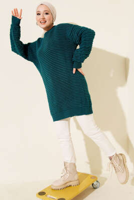 Balon Kol Kabartmalı Triko Tunik Petrol - Tunik