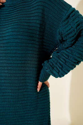 Balon Kol Kabartmalı Triko Tunik Petrol - Tunik