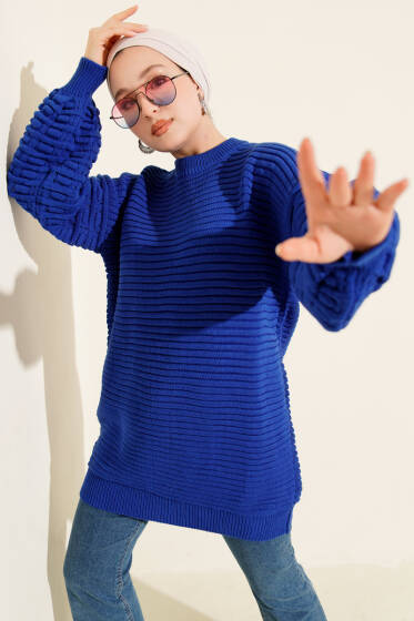 Balon Kol Kabartmalı Triko Tunik Saks - Tunik