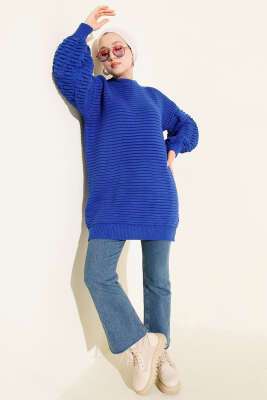 Balon Kol Kabartmalı Triko Tunik Saks - Tunik