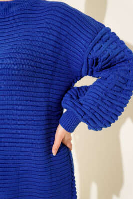 Balon Kol Kabartmalı Triko Tunik Saks - Tunik