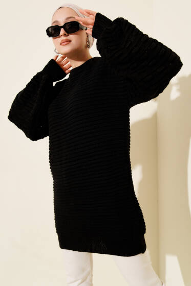 Balon Kol Kabartmalı Triko Tunik Siyah - Tunik