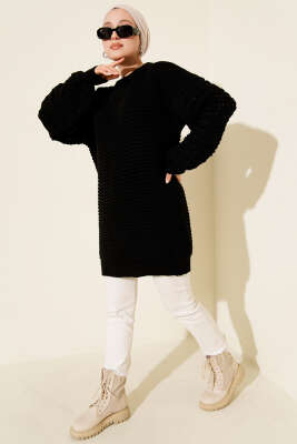 Balon Kol Kabartmalı Triko Tunik Siyah - Tunik